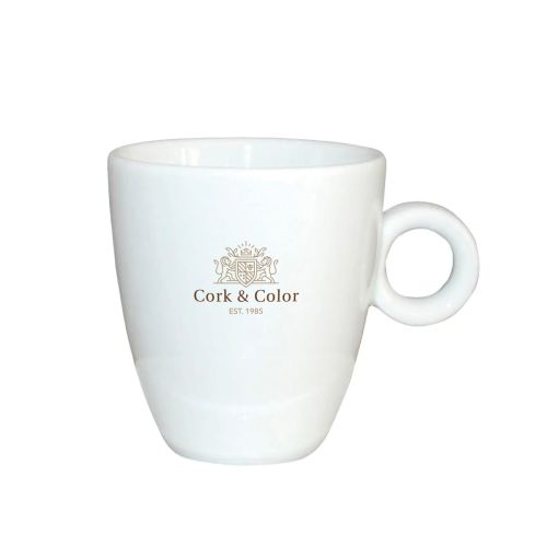 Vorderseite der Porzellan-Kaffeetasse 19 cl. mit mehrfarbig gedrucktem CorkColor-Logo. Vorderseite der Porzellan-Kaffeetasse 19 cl. mit mehrfarbig gedrucktem CorkColor-Logo.