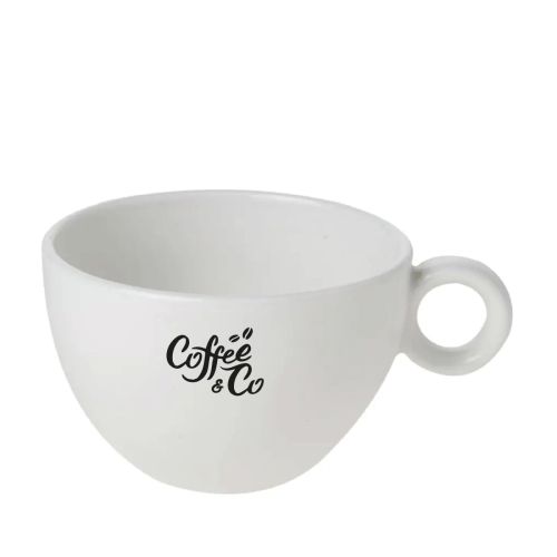 Einfarbiger Druck des CoffeeCo-Logos auf der Vorderseite der Bola Milchaffee-Latte Tasse 28 cl.