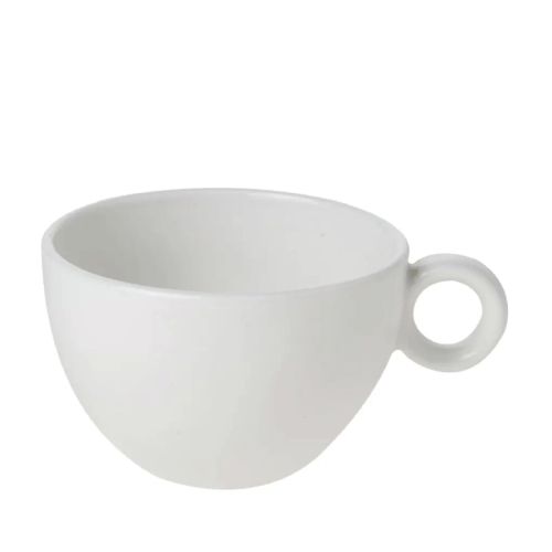 Vorderansicht der Bola Milchaffee-Latte Tasse 28 cl. aus weißem Porzellan mit kugelförmigem Design.