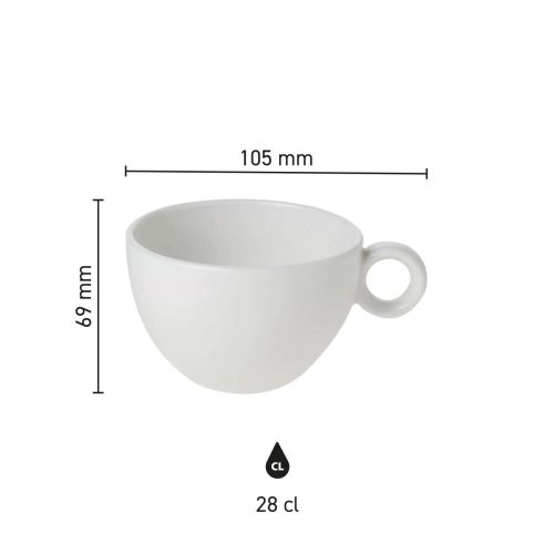 Infografik mit den Produktabmessungen der Bola Milchaffee-Latte Tasse 28 cl. Porzellan.