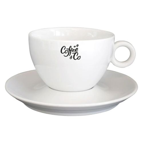 Einfarbiger Druck des CoffeeCo-Logos auf der Vorderseite der Bola Milchkaffeetassen weiß 28 cl. Set Einfarbiger Druck des CoffeeCo-Logos auf der Vorderseite der Bola Milchkaffeetassen weiß 28 cl. Set