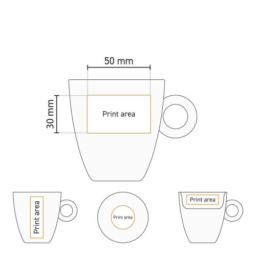 Technische Arbeitszeichnung zeigt die Druckfläche für das Logo auf dem Bola Tasse 19 cl. Porzellan. Technische Arbeitszeichnung zeigt die Druckfläche für das Logo auf dem Bola Tasse 19 cl. Porzellan.
