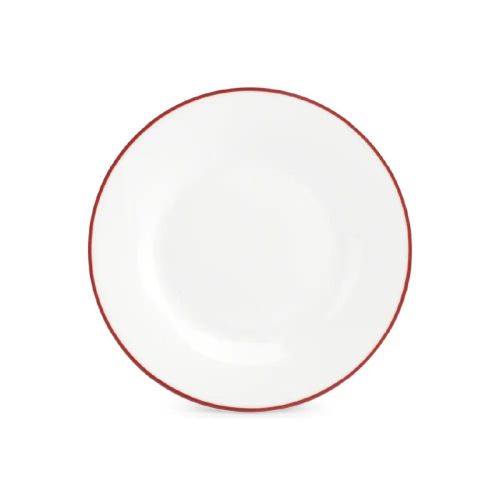 Teller Basic linie 15 cm mit rotem Rand aus der Basic-Linie, 15 cm Durchmesser, gerade von vorne gezeigt. Teller Basic linie 15 cm mit rotem Rand aus der Basic-Linie, 15 cm Durchmesser, gerade von vorne gezeigt.