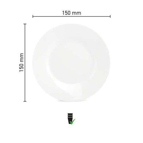 Die Infografik zeigt den Durchmesser und die Randhöhe des Porzellantellers Basic 15 cm.