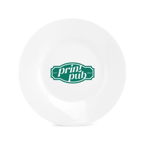 Basisteller 20 cm aus Porzellan mit einfarbigem PrintPub-Logo, das mittig auf der Oberfläche angebracht ist.