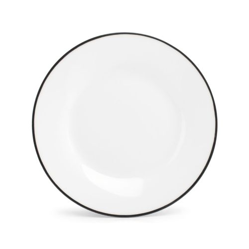 Grundlinien-Teller aus weißem Porzellan mit schwarzem Rand und 20 cm Durchmesser, sichtbar in Frontalansicht. Grundlinien-Teller aus weißem Porzellan mit schwarzem Rand und 20 cm Durchmesser, sichtbar in Frontalansicht.