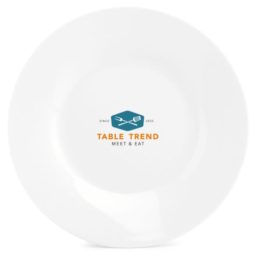 Teller Basic linie 27 cm aus Porzellan mit mehrfarbigem TableTrend-Logo.