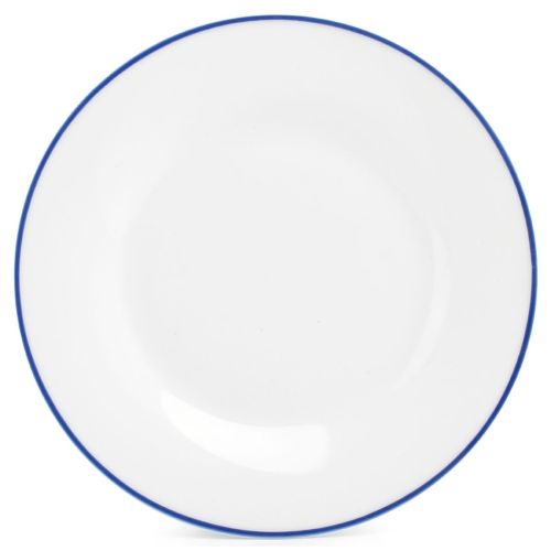 Teller Basic linie 27 cm aus der Basic-Linie mit blauem Rand, weiß und symmetrisch von vorne gesehen.