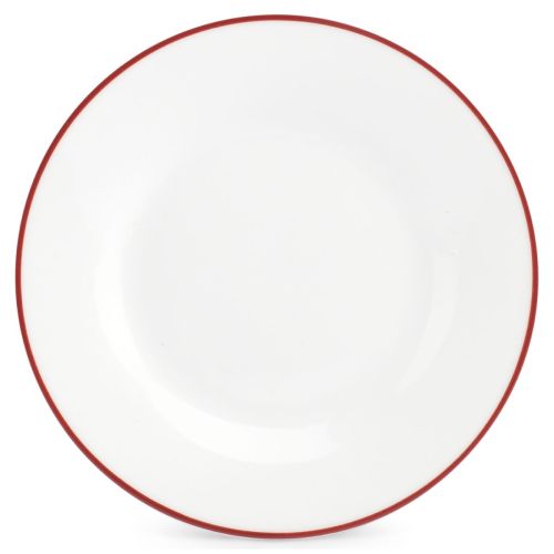Teller Basic linie 27 cm aus der Linie Basic mit rotem Rand, weiß und symmetrisch von vorne gesehen. Teller Basic linie 27 cm aus der Linie Basic mit rotem Rand, weiß und symmetrisch von vorne gesehen.