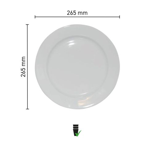 Infografik des Teller breitem Rand Weiß 26,5 cm. mit Abmessungen im Detail. Infografik des Teller breitem Rand Weiß 26,5 cm. mit Abmessungen im Detail.