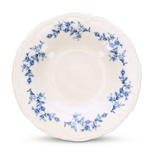 Vorderansicht des tiefen Tellers Retro 24 cm aus elfenbeinblauem Porzellan mit glatter Oberfläche und abgerundetem Rand.