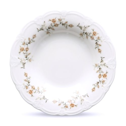 Vorderansicht des tiefen Tellers Retro 24 cm aus elfenbeinbraunem Porzellan mit glatter Oberfläche und abgerundetem Rand.