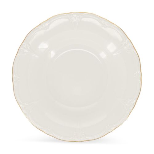 Vorderansicht des tiefen Tellers Retro 24 cm aus elfenbein-goldenem Porzellan mit glatter Oberfläche und abgerundetem Rand.