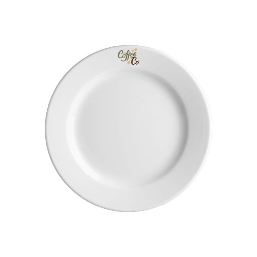 Vorderansicht des Teller Princip 17 cm Porzellan mit mehrfarbigem CoffeeCo-Logo in der Mitte gedruckt. Vorderansicht des Teller Princip 17 cm Porzellan mit mehrfarbigem CoffeeCo-Logo in der Mitte gedruckt.