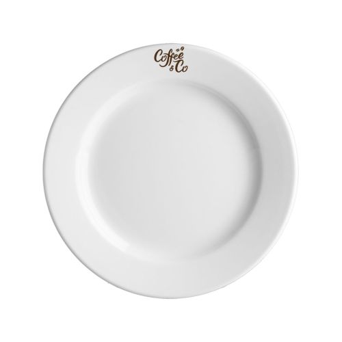 Teller Princip 19 cm mit einfarbigem Druck des CoffeeCo-Logos auf der Oberseite.