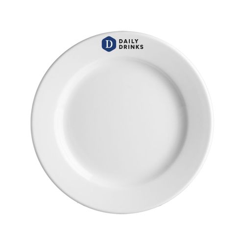 Teller Princip 19 cm Porzellan mit buntem DailyDrinks-Logo in der Mitte sichtbar.
