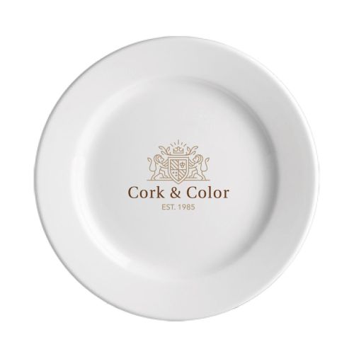 Vorderseite des Teller Princip 21 cm Porzellan mit mehrfarbigem CorkColor-Logo auf der Telleroberfläche. Vorderseite des Teller Princip 21 cm Porzellan mit mehrfarbigem CorkColor-Logo auf der Telleroberfläche.