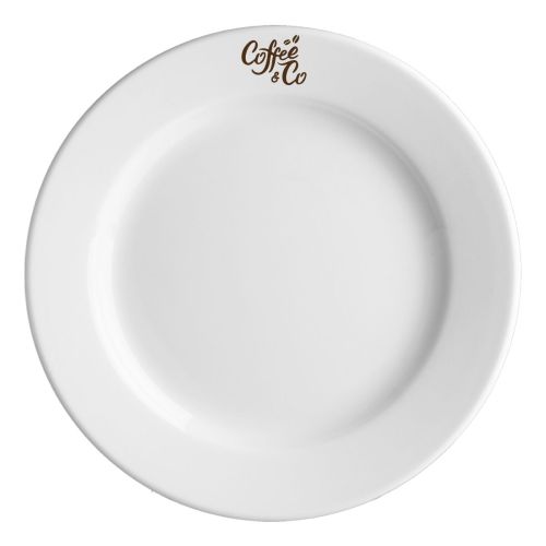 Teller Princip 27 cm mit einfarbigem CoffeeCo-Logo in der Mitte des weißen Porzellans.