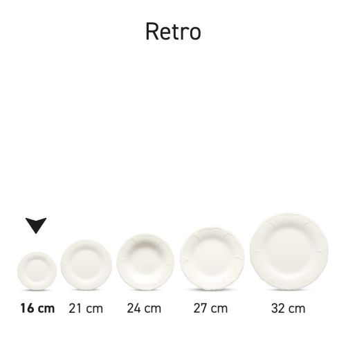 Serienanordnung von mehreren Retro-Tellern aus Porzellan in verschiedenen Zusammensetzungen.