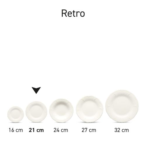 Mehrere Retro-Teller aus Porzellan, die als Set in verschiedenen Winkeln und gestapelt präsentiert werden.