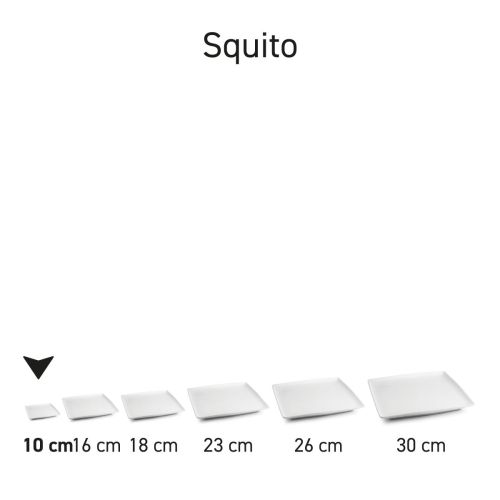 Serie von quadratischen Squito-Tellern aus weißem Porzellan in praktischer Präsentation.