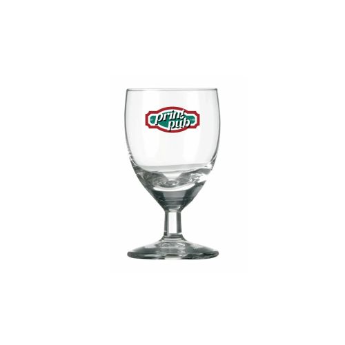 Schnapsglas Gilde 3,5 cl. mit mehrfarbigem PrintPub-Logo auf der Vorderseite, gedruckt auf Klarglas.