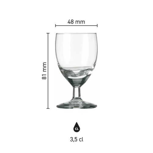 Infografik mit den Abmessungen eines Schnapsglases der Gilde 3,5 cl, einschließlich Höhe und Durchmesser.