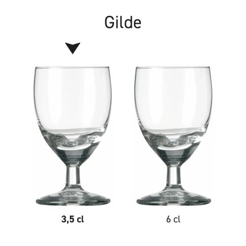 Serie von Schnapsgläsern Gilde aus Glas, Übersicht der Modelle nebeneinander.