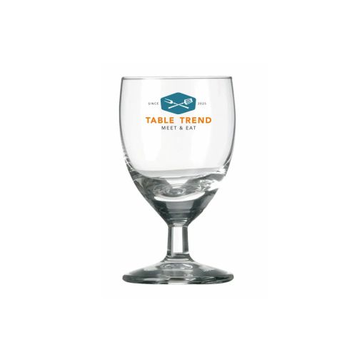 Schnapsglas Gilde 6 cl. mit mehrfarbigem TableTrend-Logo auf der Vorderseite, gedruckt auf Klarglas.