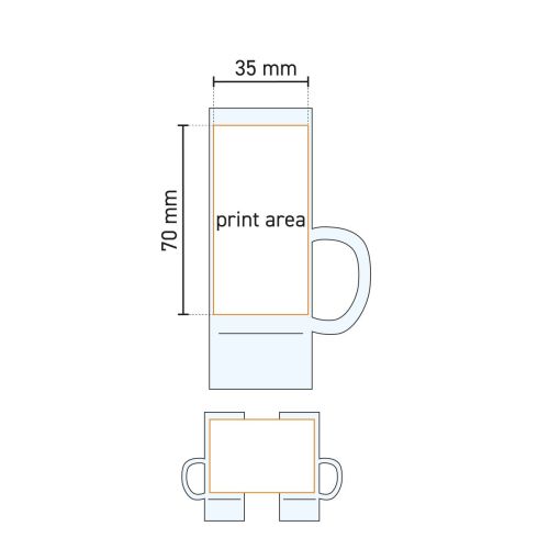 Technische Arbeitszeichnung mit Druckfläche auf Islande Schnapsglas 5,5 cl mit Ohr, Markierungen für Druck. Technische Arbeitszeichnung mit Druckfläche auf Islande Schnapsglas 5,5 cl mit Ohr, Markierungen für Druck.