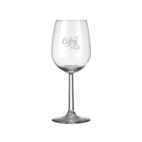 Bouquet Weinglas 23 cl. mit fein graviertem PrintPub-Logo auf der Vorderseite des Glases.
