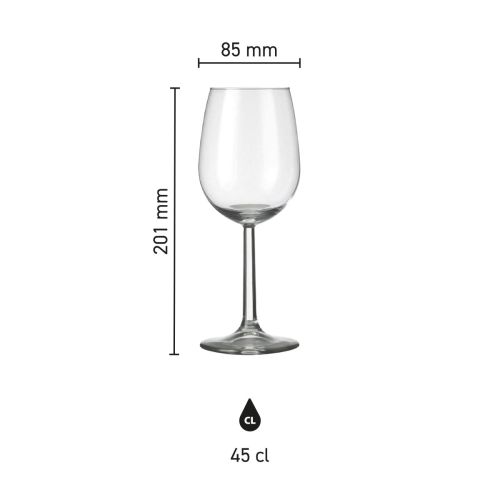 Infografik der Glasmaße des Bouquet  Weinglas 45 cl. mit Höhe und Durchmesser.