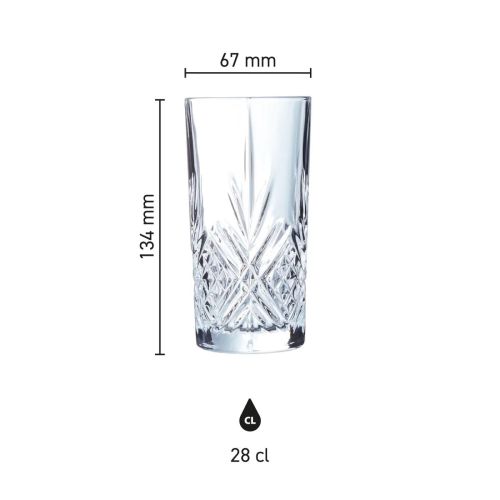 Infografik des Broadway Long Drink Glass 28 cl. mit Angabe von Höhe und Durchmesser. Infografik des Broadway Long Drink Glass 28 cl. mit Angabe von Höhe und Durchmesser.
