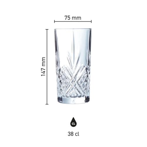 Infografik mit den Abmessungen des Broadway Longdrinkglases 38 cl in Millimetern. Infografik mit den Abmessungen des Broadway Longdrinkglases 38 cl in Millimetern.