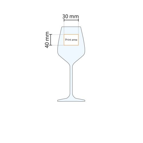 Technische Zeichnung von Carre Weinglas 29 cl. mit Markierung der Druckfläche.