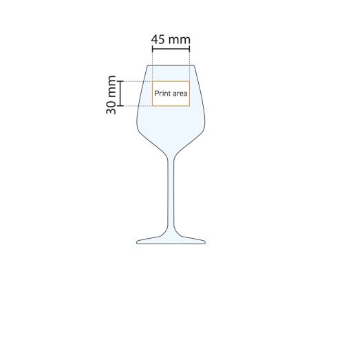 Abbildung der Druckfläche auf Carre Weinglas 38 cl. mit Angabe der Logoposition.