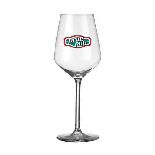 Vorderseite des Carre Weinglas 38 cl. mit mehrfarbigem PrintPub-Logo auf dem Glas.