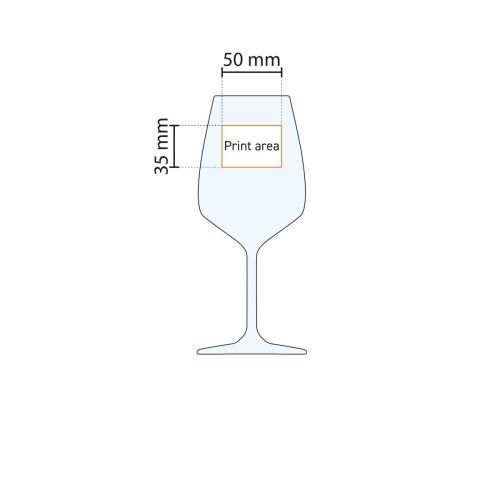 Druckflächenanzeige von Carre Weinglas 53 cl. mit Markierung für die Logoposition. Druckflächenanzeige von Carre Weinglas 53 cl. mit Markierung für die Logoposition.