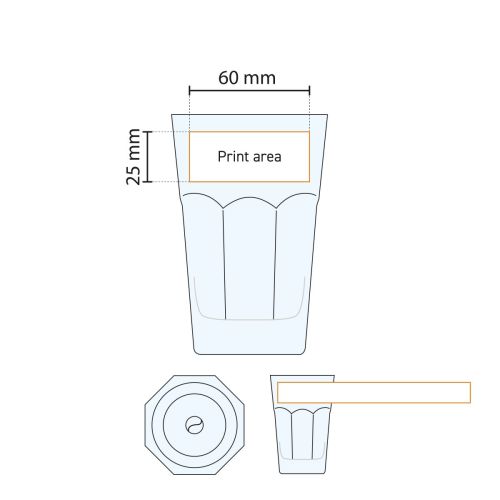 Die Druckfläche des Casablanca Ice Tea Glases 41,5 cl ist in der Arbeitszeichnung für die Druckposition angegeben.