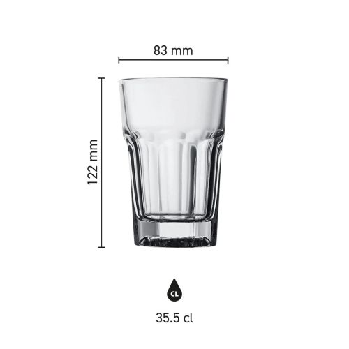 Die Infografik zeigt die Abmessungen des Casablanca Longdrink 35,5 cl.  in Millimetern.