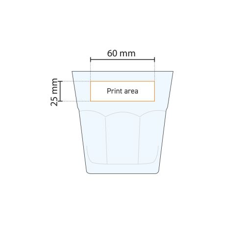 Casablanca Rocks Glas 24,5 cl. mit Druckfläche, die in der technischen Arbeitszeichnung für die Position des Logos angegeben ist. Casablanca Rocks Glas 24,5 cl. mit Druckfläche, die in der technischen Arbeitszeichnung für die Position des Logos angegeben ist.