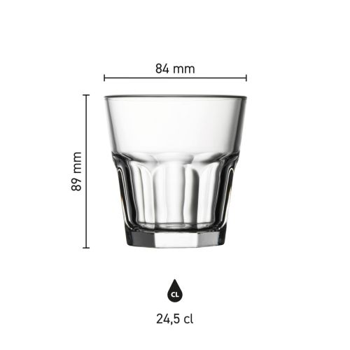 Die Infografik zeigt die Glasmaße von Casablanca Rocks 24,5 cl. mit Messlinien und Skala. Die Infografik zeigt die Glasmaße von Casablanca Rocks 24,5 cl. mit Messlinien und Skala.