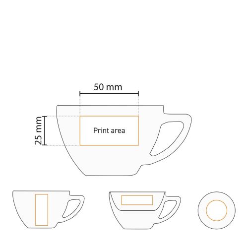 Detaillierte Arbeitszeichnung mit Druckfläche der Classic Cappuccino Tasse weiß 20 cl. für die Positionierung des Logos.