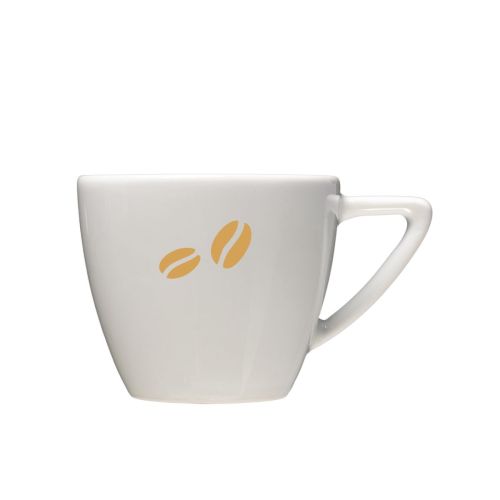 Cappuccino Tasse Weiß 20 cl. bedruckt mit einfarbigem CoffeeCo Logo auf der Vorderseite.