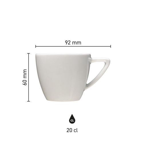 Die Infografik zeigt die Abmessungen der Classic Cappuccino Tasse weiß 20 cl. in der technischen Ansicht.