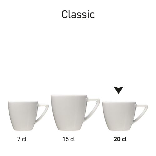 Serie weißer Classic Cappuccinotassen in verschiedenen Größen, präsentiert als Classic-Serie