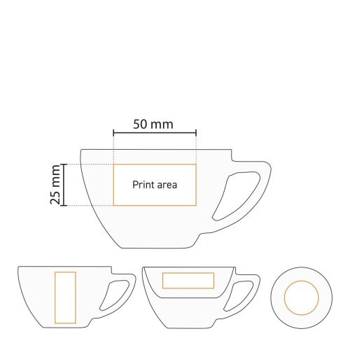 Detaillierte Arbeitszeichnung mit Druckfläche von Classic Cappuccino 20 cl Porzellan SET. Detaillierte Arbeitszeichnung mit Druckfläche von Classic Cappuccino 20 cl Porzellan SET.