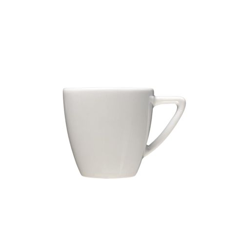 Klassische Espressotasse aus weißem Porzellan mit einem Fassungsvermögen von 7 cl, direkt von vorne gezeigt. Klassische Espressotasse aus weißem Porzellan mit einem Fassungsvermögen von 7 cl, direkt von vorne gezeigt.