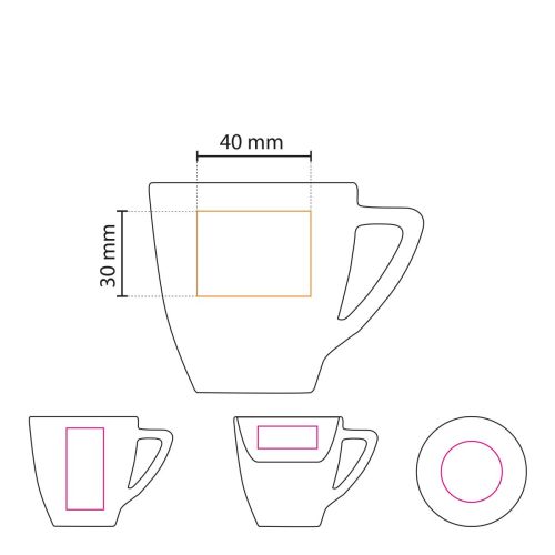 Die technische Arbeitszeichnung zeigt die Druckfläche für den Logoaufdruck auf der Classic Coffee cup white 15 cl. Die technische Arbeitszeichnung zeigt die Druckfläche für den Logoaufdruck auf der Classic Coffee cup white 15 cl.