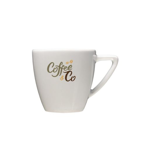 Porzellan-Kaffeetasse 15 cl. bedruckt mit mehrfarbigem CoffeeCo-Logo auf der Vorderseite der Tasse. Porzellan-Kaffeetasse 15 cl. bedruckt mit mehrfarbigem CoffeeCo-Logo auf der Vorderseite der Tasse.